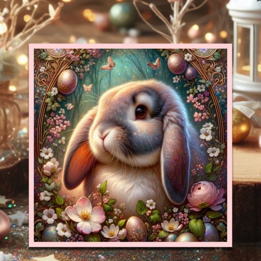 Lop Eared Bunny Whimsical Bloemen Pasen Feestdagenkaart