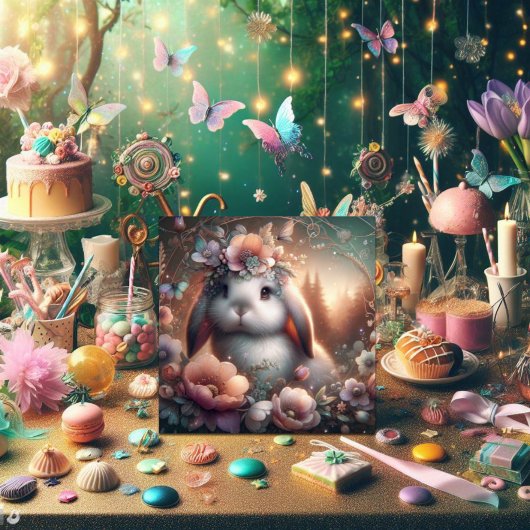 Lop Eared Bunny Woodland Floral Art Nouveau Pasen Feestdagenkaart