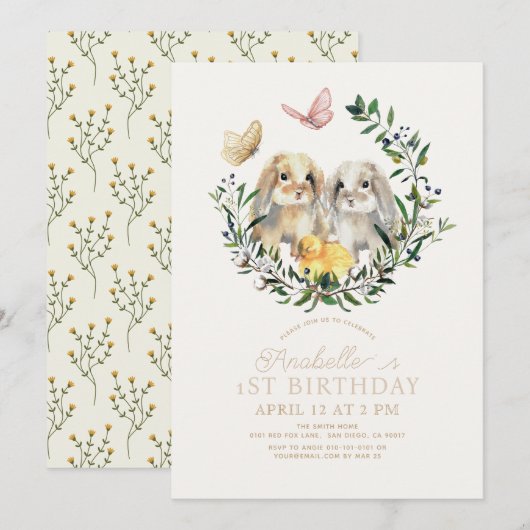 Lop Konijn Konijntje Chick Vlinder 1e Verjaardag Kaart (Voorkant / Achterkant)