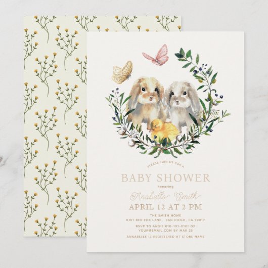 Lop Rabbit Bunny Chick Butterfly Baby shower Kaart (Voorkant / Achterkant)