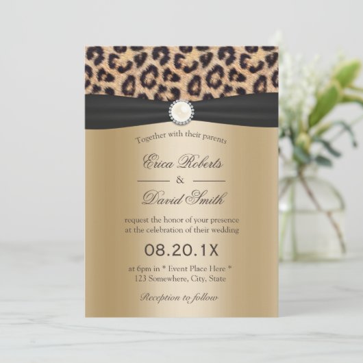 Lopard Print Pearl en Black Ribbon Elegant Wedding Kaart (Staand voorkant)