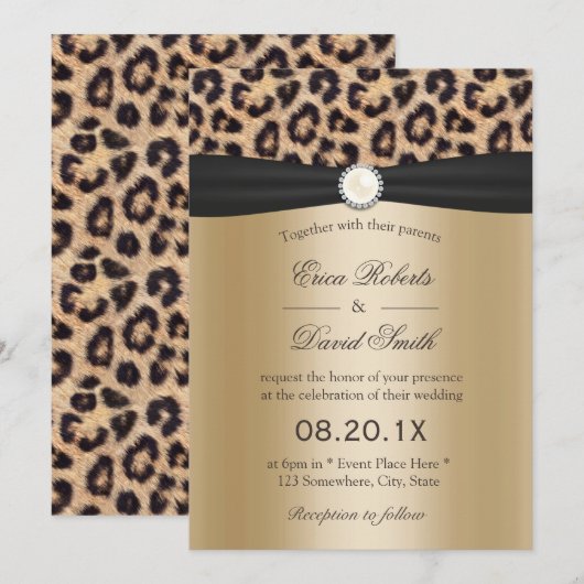 Lopard Print Pearl en Black Ribbon Elegant Wedding Kaart (Voorkant / Achterkant)