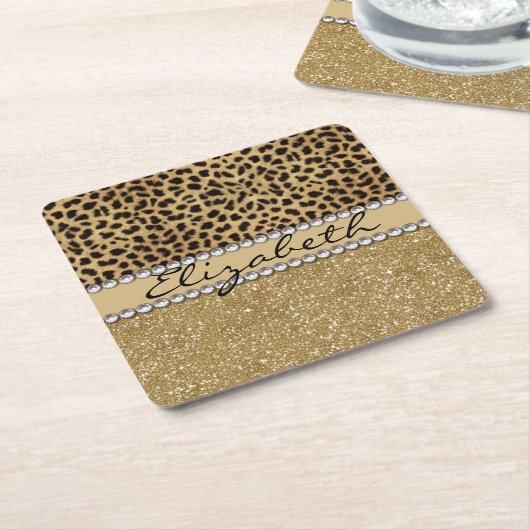 Lopard Spot Gold Glitter Rhinestone FOTO PRINT Kartonnen Onderzetters (Schuin)