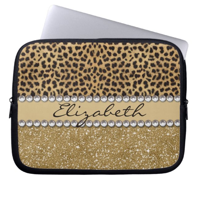 Lopard Spot Gold Glitter Rhinestone FOTO PRINT Laptop Sleeve (Voorkant)