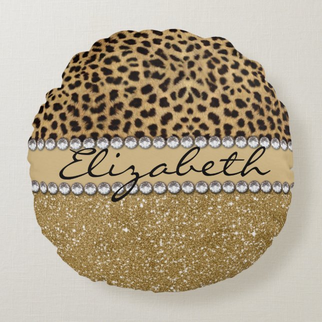 Lopard Spot Gold Glitter Rhinestone FOTO PRINT Rond Kussen (Voorkant)