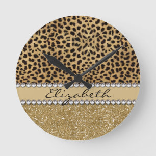 Lopard Spot Gold Glitter Rhinestone FOTO PRINT Ronde Klok