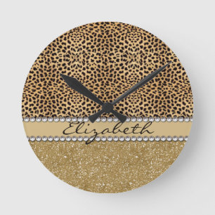 Lopard Spot Gold Glitter Rhinestone FOTO PRINT Ronde Klok