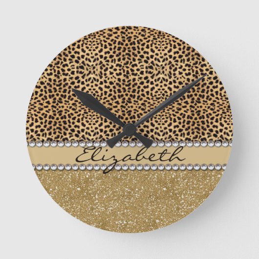 Lopard Spot Gold Glitter Rhinestone FOTO PRINT Ronde Klok (Voorkant)