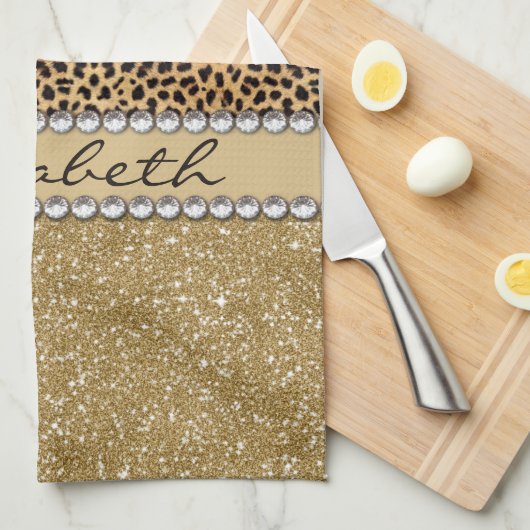 Lopard Spot Gold Glitter Rhinestone FOTO PRINT Theedoek (Quarter Fold)