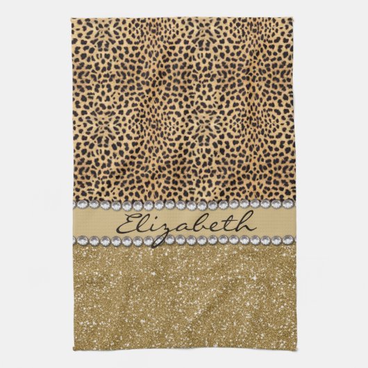 Lopard Spot Gold Glitter Rhinestone FOTO PRINT Theedoek (Verticaal)