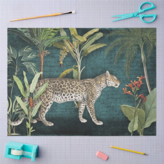 Lopard Tropical Floral in Foliage Blauwgroen ontko Tissuepapier (Craft)