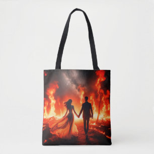 Lopen door het vuur op een herbruikbare boodschapp tote bag