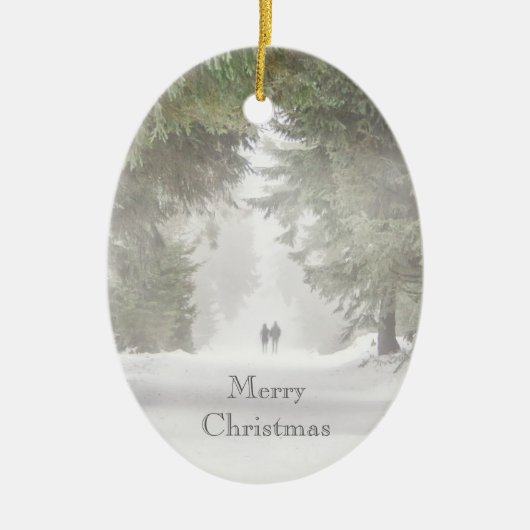 Lopen in de sneeuw keramisch ornament (Voorkant)