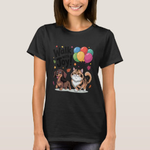 Lopen met vreugde Gelukkige hond en kat met ballon T-shirt
