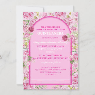 loral Rose Pink Quinceanera Invitation Kaart