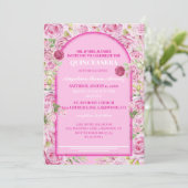 loral Rose Pink Quinceanera Invitation Kaart (Staand voorkant)