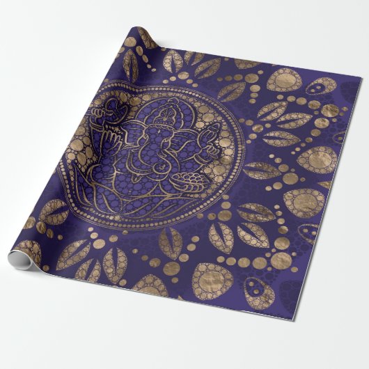 Lord Ganesha Dot Art Purples and Gold Cadeaupapier (Uitgerold)