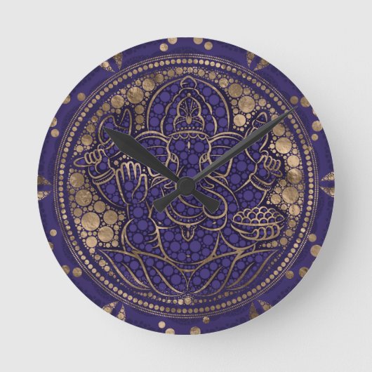 Lord Ganesha Dot Art Purples and Gold Ronde Klok (Voorkant)