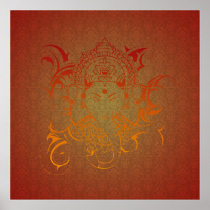 Lord Ganesha God India Hindu rood oranje geel Poster