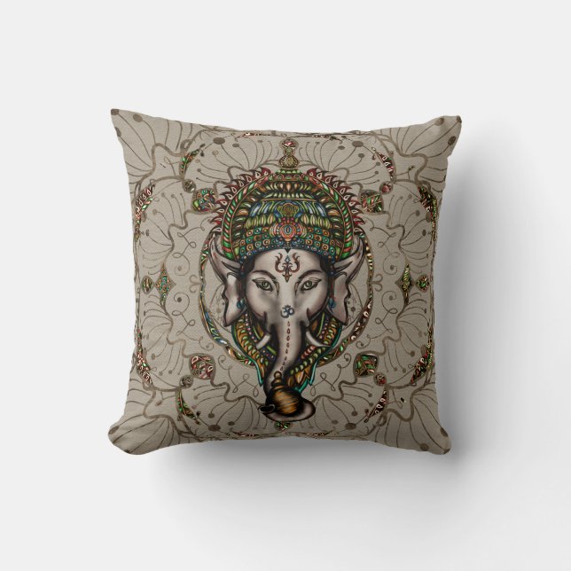 Lord Ganesha - Kleur op Canvas Kussen (Voorkant)
