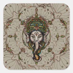 Lord Ganesha - Kleur op Canvas Vierkante Sticker