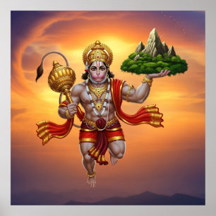 Lord Hanuman Flying Lifting Mountain Poster