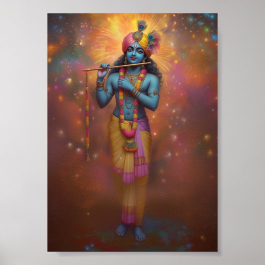 Lord Krishna Pastel Regenboog Vuurwerk Hindoe Kuns Poster (Voorkant)