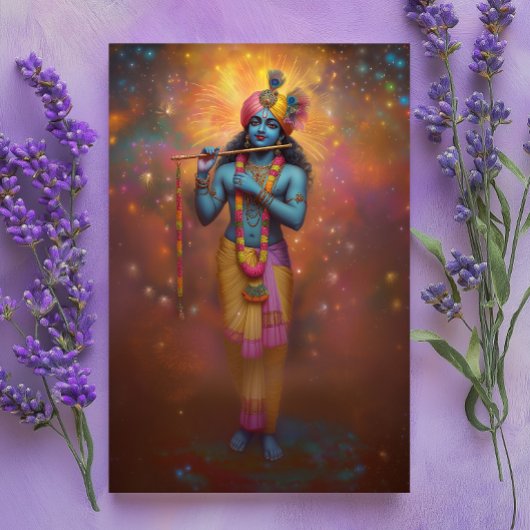 Lord Krishna Pastel Regenboog Vuurwerk Hindu Kunst Briefkaart