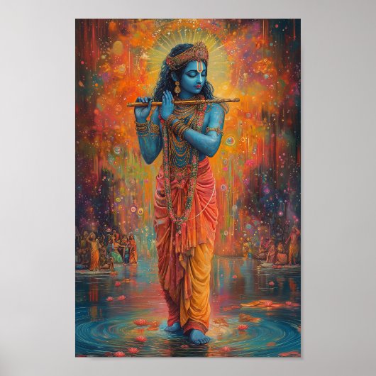 Lord Krishna speelt de fluit Oranje Blue Art Poster (Voorkant)