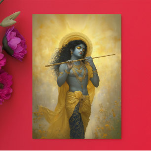Lord Krishna speelt de fluitgouden gele kunst Briefkaart