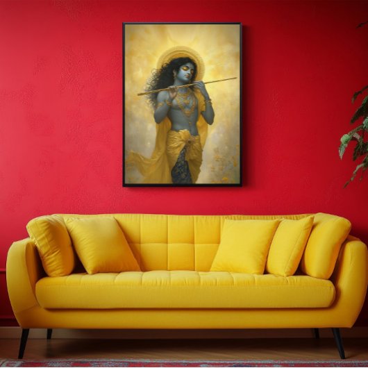 Lord Krishna speelt de fluitgouden gele kunst Poster