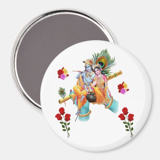 Lord Krishna Zitten Met Radha Genieten Fluit Magneet (Voorkant / Achterkant)