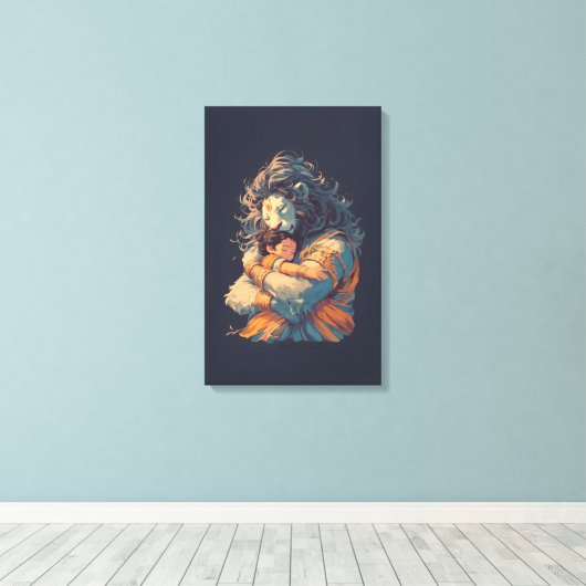 Lord Narasimha Hugging Prahlada Canvas Muurkunst (Insitu (Houten vloer))