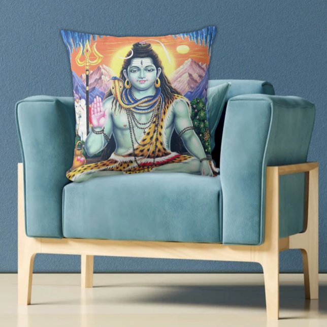  Lord Shiva Spiritueel - Vreedzame Samadhi Kussen (Vintage Lord Shiva with Trilusha Colorful Pillow on Aqua Chair, Hindu Diety)