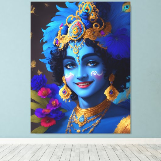 Lord Shri Krishna Hindu Godheid AI Gegenereerd Canvas Afdruk (Insitu (Houten vloer))