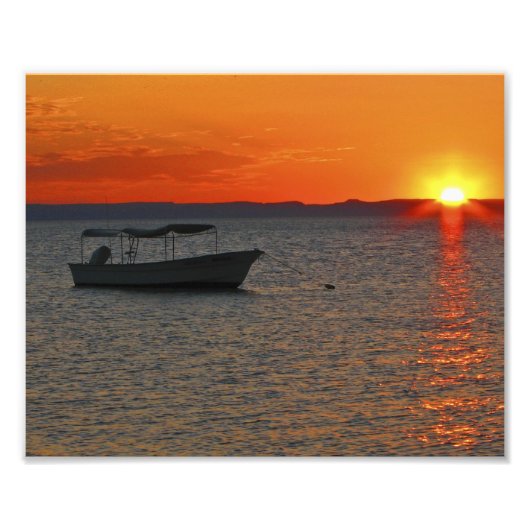 Loreto Mexico Vist Boat, Oranje Sunset Sky Foto Afdruk (Voorkant)