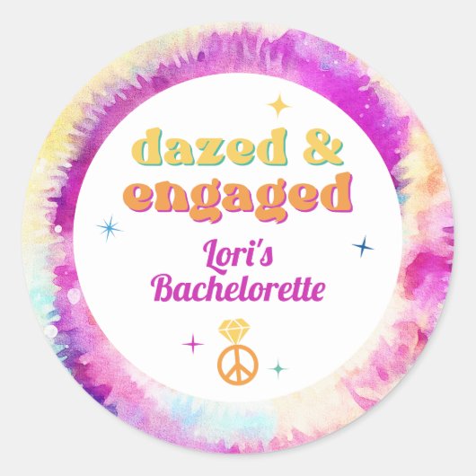 LORI Tie Dye Dazed Engaged 70s Retro Bachelorette Ronde Sticker (Voorkant)