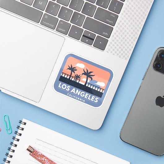 Los Angeles California Retro Skyline Design Sticker (Laptop met iPhone)