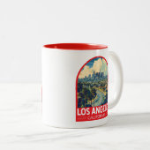 Los Angeles California Travel Art Embleem Tweekleurige Koffiemok (Voorkant rechts)