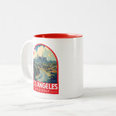 Los Angeles California Travel Art Embleem Tweekleurige Koffiemok (Voorkant links)