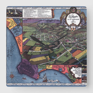 Los Angeles, Californië, Antiek luchtstad Kaart Vierkante Klok