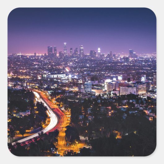 Los Angeles, Californië Skyline 's nachts Vierkante Sticker (Voorkant)