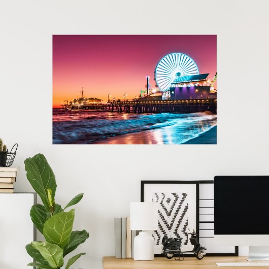 Los Angeles Pink & Blue Sunset Santa Monica Pier Poster (Thuiskantoor)
