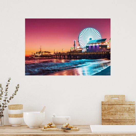 Los Angeles Pink & Blue Sunset Santa Monica Pier Poster (Keuken)