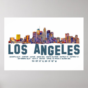 Los Angeles Silhouette. Gebieds Namen en Coördinat Poster