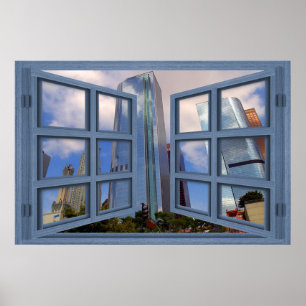 Los Angeles Skyline Blue 6 Pane Open Window Poster
