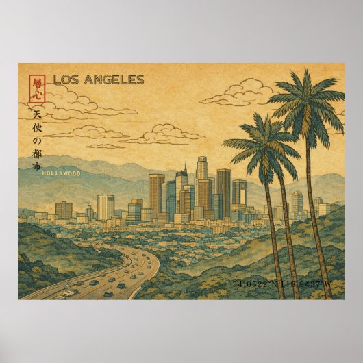 Los Angeles Skyline in Japanese Ukiyo-e Poster (Voorkant)