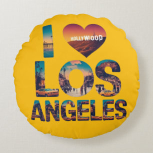 Los Angeles Skyline Sunset & Hollywood Typografie Rond Kussen