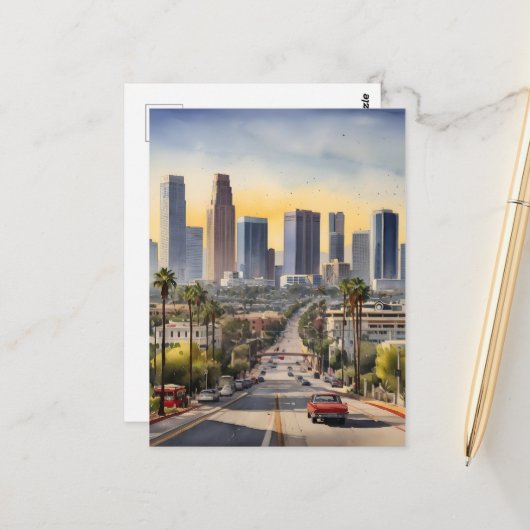 Los Angeles waterverf kunst Briefkaart (Voorkant / Achterkant in situ)