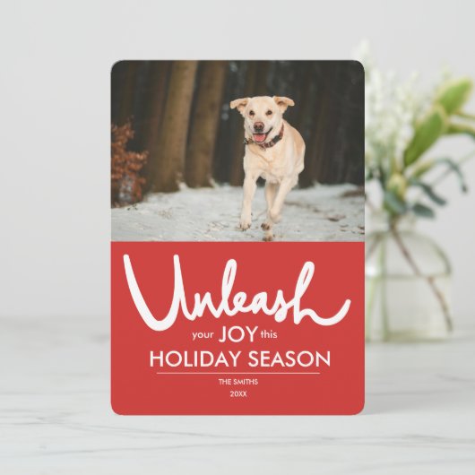 loslaten | Grappige hond foto vakantie Feestdagenkaart (Staand voorkant)